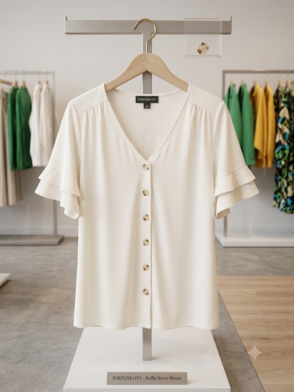 Fortune & Ivy Cream V-Neck Ruffle Sleeve Blouse
